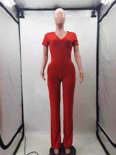 Women's fashion patchwork casual V-neck pocket wide leg jumpsuit