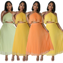 Sexy Open Back Hanging Neck Tank Top Fresh Pleated Half length Dress Two Piece Set