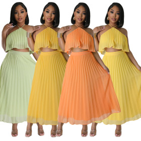 Sexy Open Back Hanging Neck Tank Top Fresh Pleated Half length Dress Two Piece Set