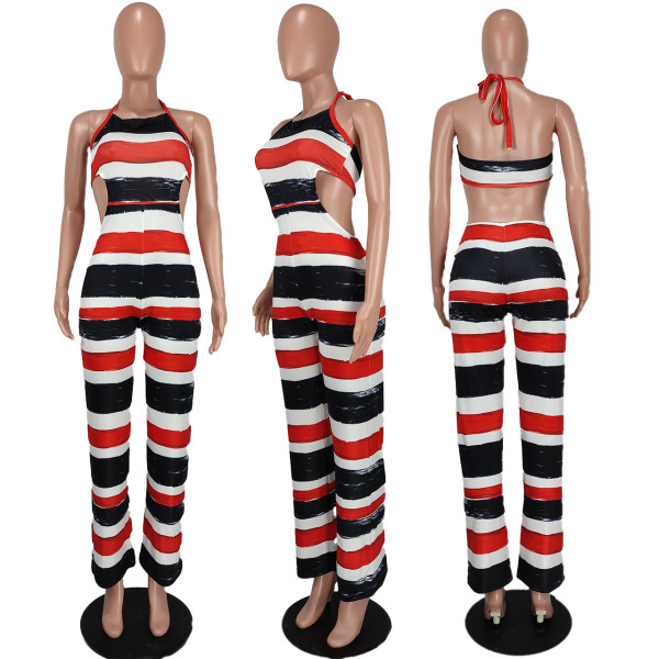 Temperament Slim Fit Stripe Contrast Hanging Neck Print Jumpsuit