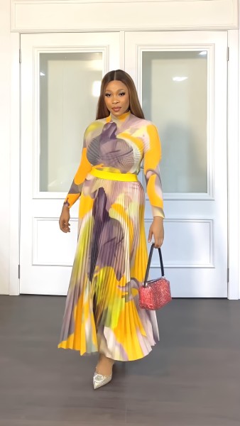 Fashion Waffle Long Sleeve Short Top Elegant Pleated Half Dress Two Piece Set