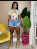 Fashion Printed Slim Fit Open Umbilical Round Neck Short Sleeve T-shirt