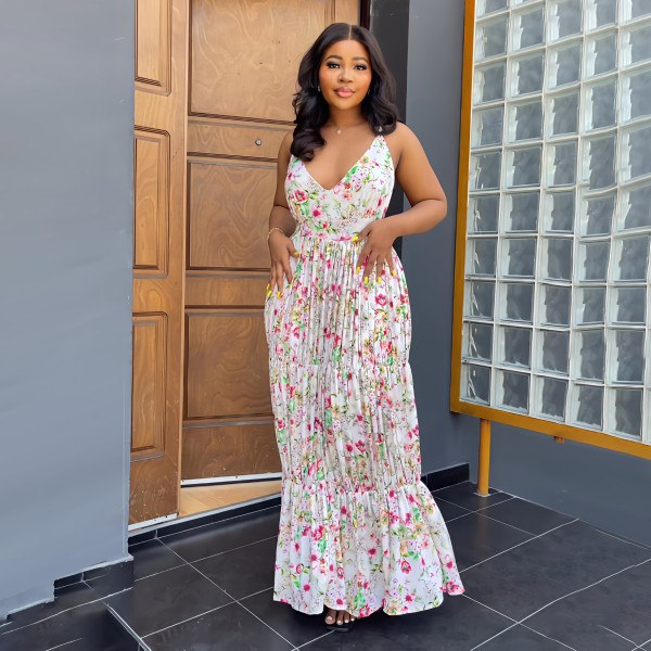 Sleeveless V-neck open back printed slim fitting long dress for early spring versatile women's suspender dress