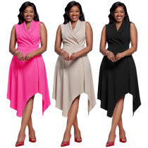 Polo collar sleeveless temperament slim fitting waist irregular large swing women's dress