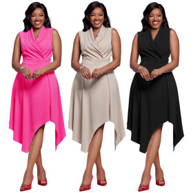 Polo collar sleeveless temperament slim fitting waist irregular large swing women's dress