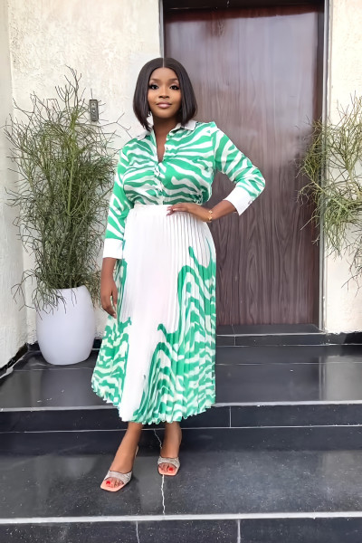 Zebra patterned long sleeved shirt casual pleated half length skirt spring/summer two-piece set