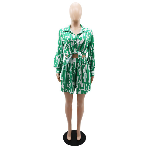 Loose printed long shirt casual women's shorts set two-piece
