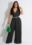 Sleeveless Style Casual V-neck Waist Fold Loose Wide Leg Jumpsuit
