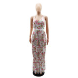 Sleeveless V-neck open back printed slim fitting long dress for early spring versatile women's suspender dress