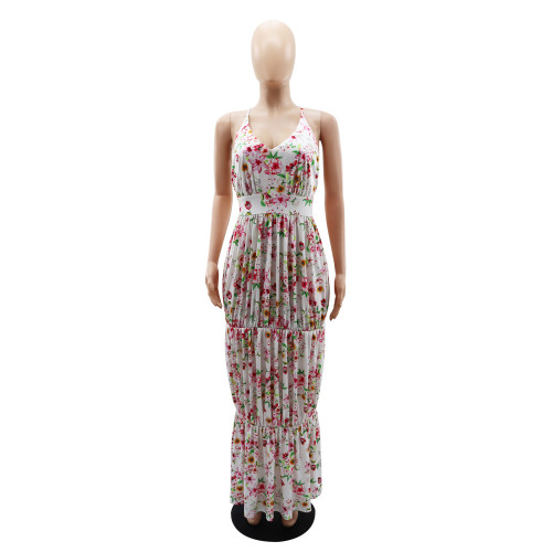 Sleeveless V-neck open back printed slim fitting long dress for early spring versatile women's suspender dress