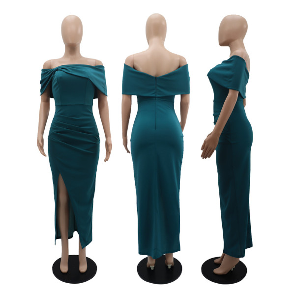 Bow tie one line neck off shoulder birthday dinner split women's dress