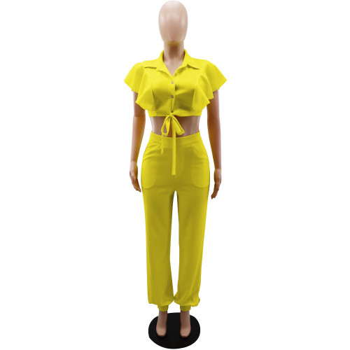 Lotus leaf sleeves with exposed navel short Polo neck cardigan high waist casual fashion leggings two-piece set