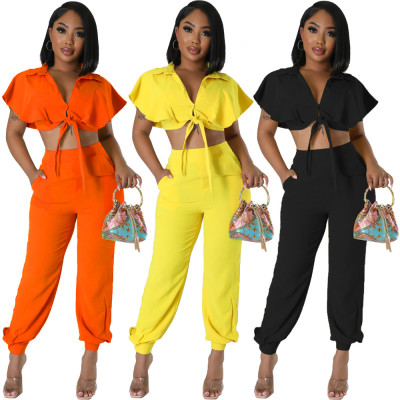 Lotus leaf sleeves with exposed navel short Polo neck cardigan high waist casual fashion leggings two-piece set