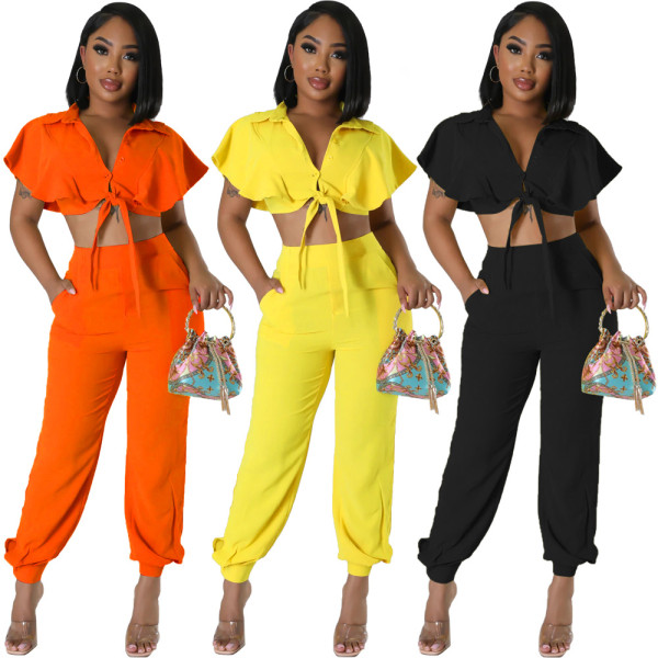 Lotus leaf sleeves with exposed navel short Polo neck cardigan high waist casual fashion leggings two-piece set