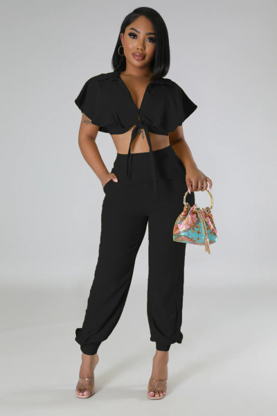 Lotus leaf sleeves with exposed navel short Polo neck cardigan high waist casual fashion leggings two-piece set