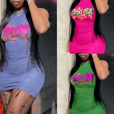 Sexy and fashionable printed hanging neck tie up wrap buttocks short skirt