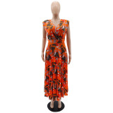 V-neck sleeveless shoulder pad casual printed commuting versatile pleated waist up dress