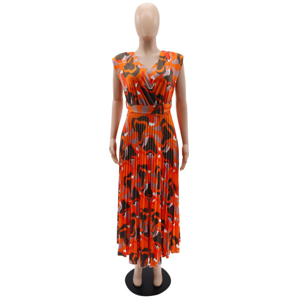 V-neck sleeveless shoulder pad casual printed commuting versatile pleated waist up dress