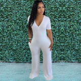Women's fashion patchwork casual V-neck pocket wide leg jumpsuit