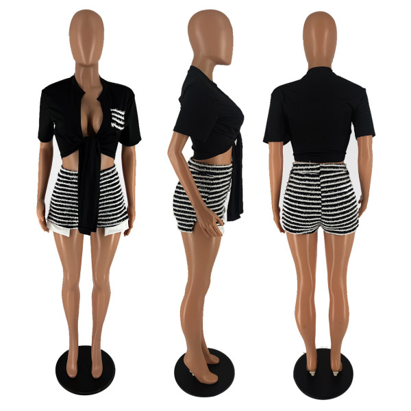 Striped shorts T-shirt set, summer sexy casual two-piece set