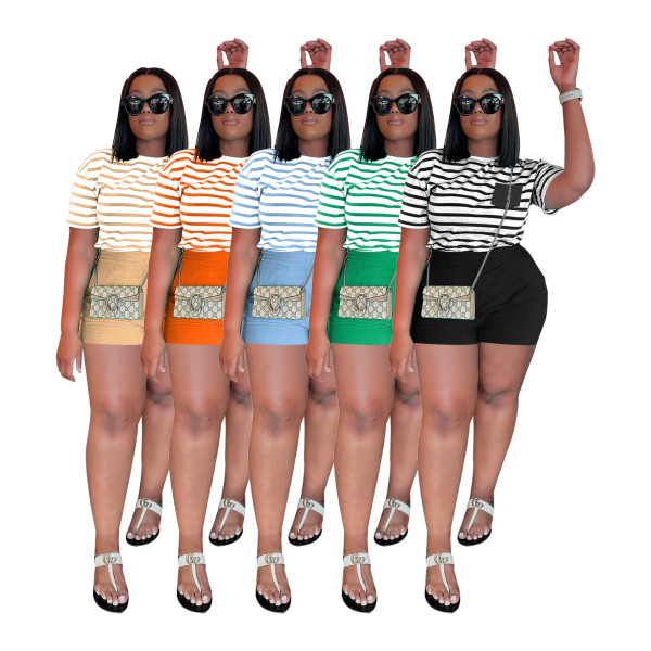 Striped short sleeved shorts casual two-piece set