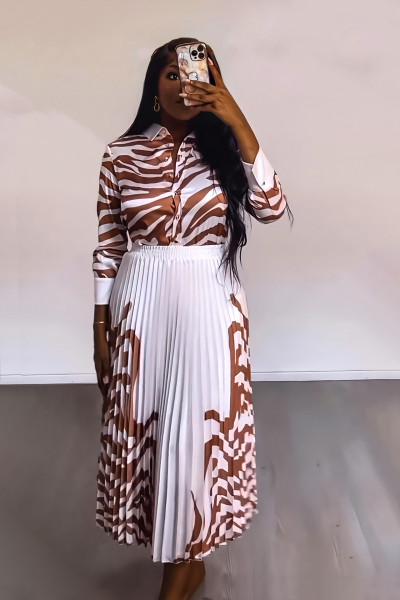 Zebra patterned long sleeved shirt casual pleated half length skirt spring/summer two-piece set