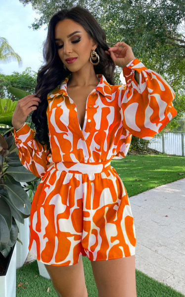 Loose printed long shirt casual women's shorts set two-piece