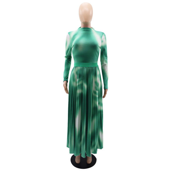 Fashion Waffle Long Sleeve Short Top Elegant Pleated Half Dress Two Piece Set
