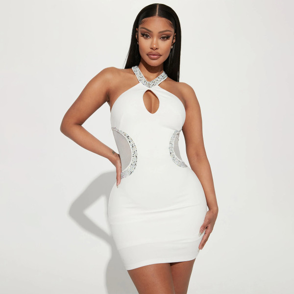Women's Sexy Tight Hollow Iron Diamond Hanging Neck Dress
