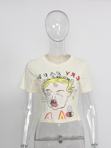 Fashion Printed Slim Fit Open Umbilical Round Neck Short Sleeve T-shirt