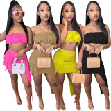 Fashionable and Sexy Solid Color Wrapped Chest Personalized Work Dress Set