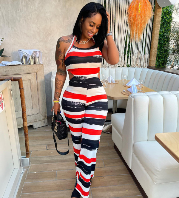Temperament Slim Fit Stripe Contrast Hanging Neck Print Jumpsuit