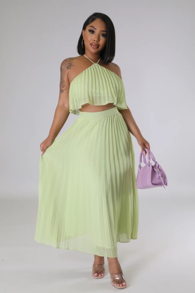Sexy Open Back Hanging Neck Tank Top Fresh Pleated Half length Dress Two Piece Set