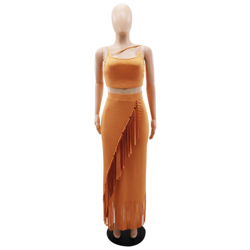 Sleeveless navel exposed short vest with small pit stripe high waisted tassel long skirt two-piece set