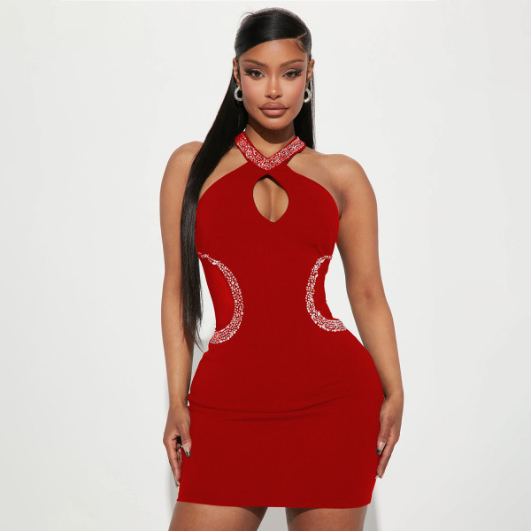 Women's Sexy Tight Hollow Iron Diamond Hanging Neck Dress