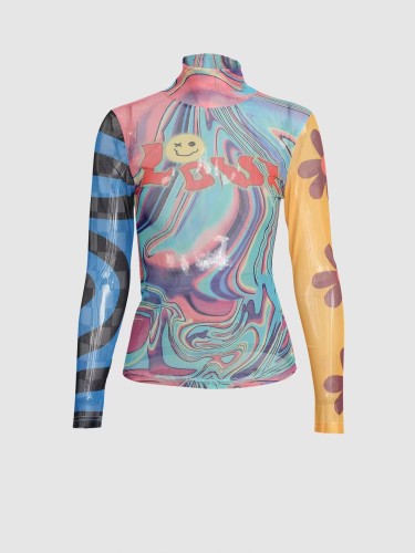 Women's New Sexy Mesh Perspective Slim Fit Street Photo Printed Mesh Top