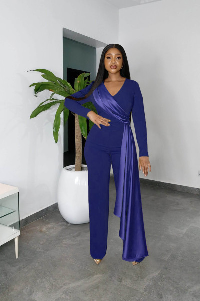 Long sleeved V-neck temperament waistband dress Spring and Autumn slim fitting women's straight tube jumpsuit