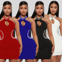 Women's Sexy Tight Hollow Iron Diamond Hanging Neck Dress