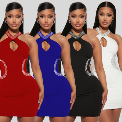Women's Sexy Tight Hollow Iron Diamond Hanging Neck Dress