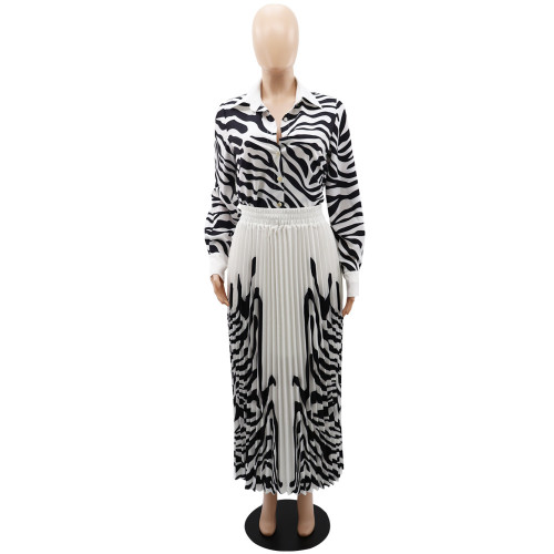 Zebra patterned long sleeved shirt casual pleated half length skirt spring/summer two-piece set