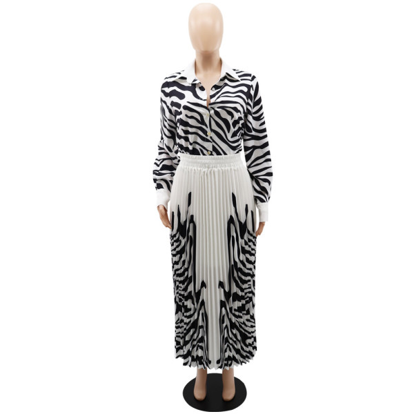 Zebra patterned long sleeved shirt casual pleated half length skirt spring/summer two-piece set