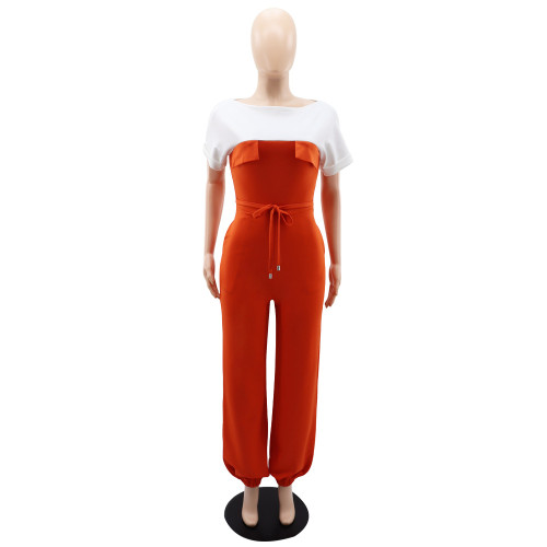 Slim fitting waistband commuting short sleeved color matching leggings women's tapered jumpsuit