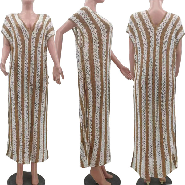 Fashionable and Sexy Hollow Knitted Sleeveless Loose Split Beach Dress