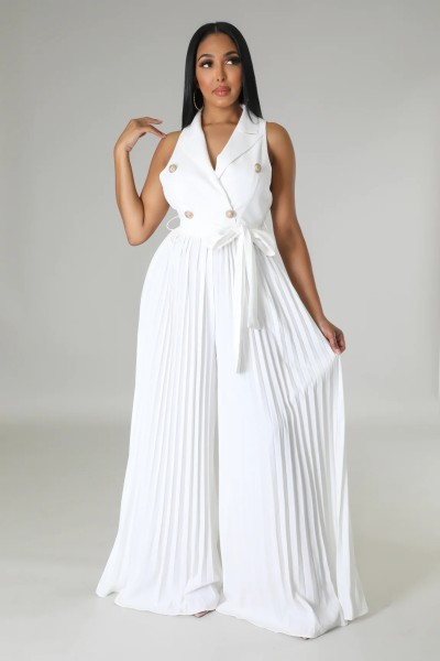 V-neck sleeveless backless style street pleated wide leg jumpsuit