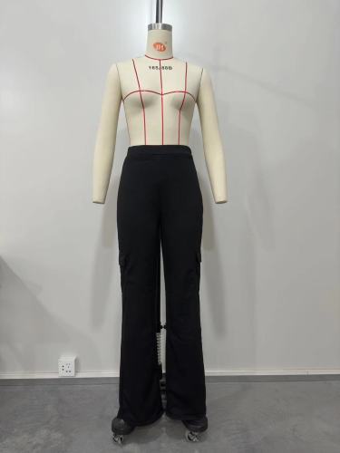Organ Pocket High Waist Elastic Solid Relaxed Pants