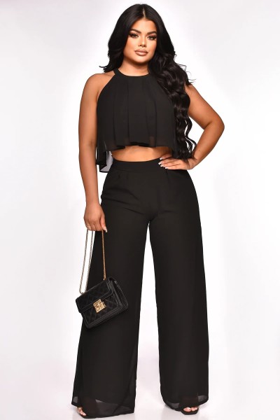 Sexy and versatile sleeveless Crop top chiffon high waist loose women's trousers two-piece set