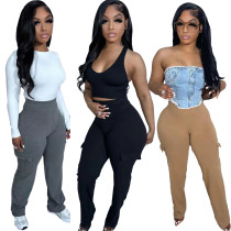 Organ Pocket High Waist Elastic Solid Relaxed Pants