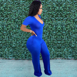 Women's fashion patchwork casual V-neck pocket wide leg jumpsuit
