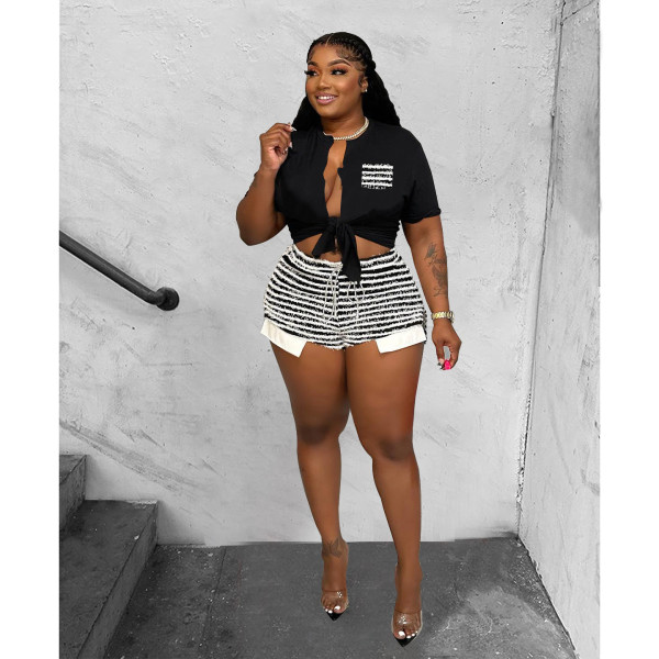 Striped shorts T-shirt set, summer sexy casual two-piece set