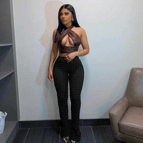 High waisted popcorn high elastic loose fitting street casual pants